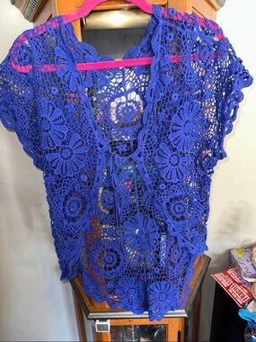 Crochet Floral Openwork Top - Royal Blue